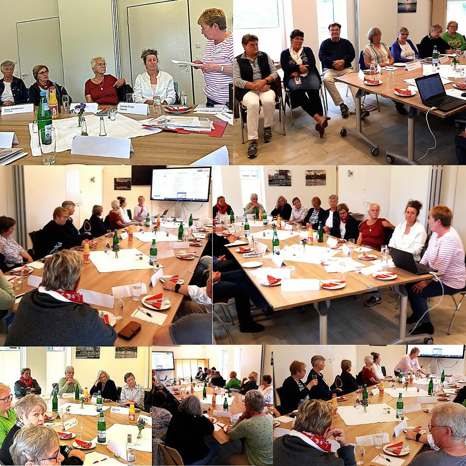 Collage von sieben Bildern: Sie zeigen verschiedene Blickwinkel und Teilnehmende einer kleinen Konferenz in einem Saal.