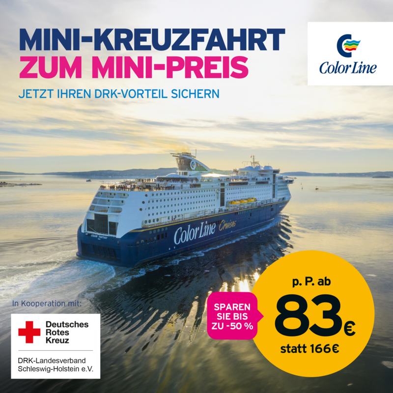 Ein Foto zeigt ein fahrendes Color-Line-Kreuzfahrtschiff. Darüber steht ein Text: Mini-Kreuzfahrt zum Mini-Preis - Jetzt Ihren DRK-Vorteil sichern.