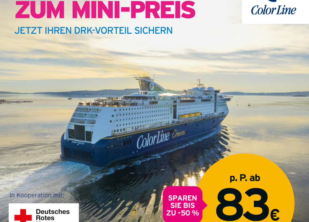 Ein Foto zeigt ein fahrendes Color-Line-Kreuzfahrtschiff. Darüber steht ein Text: Mini-Kreuzfahrt zum Mini-Preis - Jetzt Ihren DRK-Vorteil sichern.