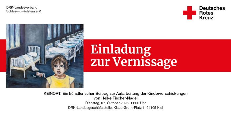 Eine Einladung zur Vernissage "KEINORT" zum Thema Kinderverschickungen mit Gemälden von Heike Fischer-Nagel.