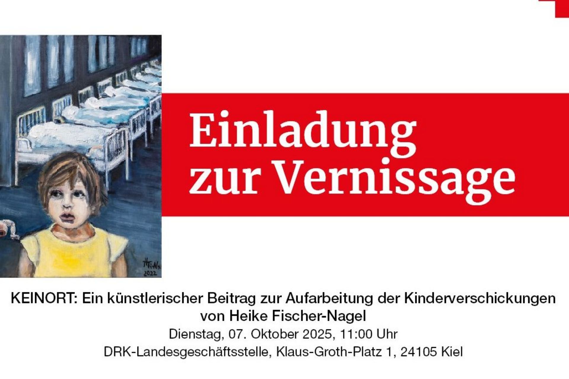 Eine Einladung zur Vernissage "KEINORT" zum Thema Kinderverschickungen mit Gemälden von Heike Fischer-Nagel.