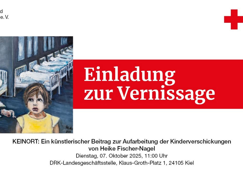 Eine Einladung zur Vernissage "KEINORT" zum Thema Kinderverschickungen mit Gemälden von Heike Fischer-Nagel.