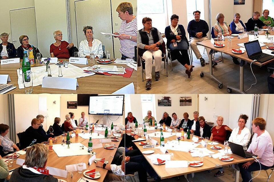 Collage von sieben Bildern: Sie zeigen verschiedene Blickwinkel und Teilnehmende einer kleinen Konferenz in einem Saal.